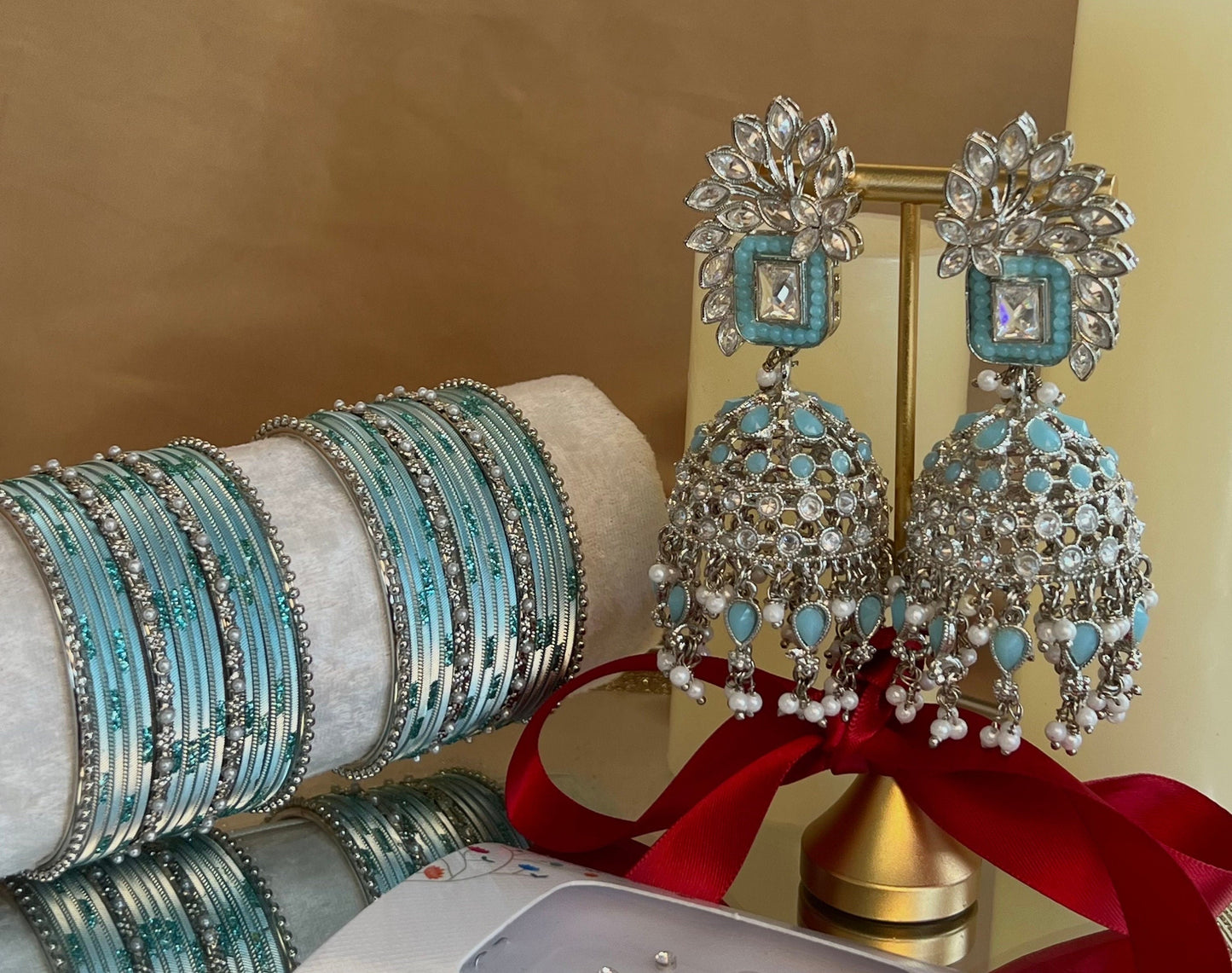 Gift Set For Her - Silver/Blue Jhumka Earrings, Silver/Blue Small Bangles Set/Silver Bindi Pack/Indian Jewellery Gift Set