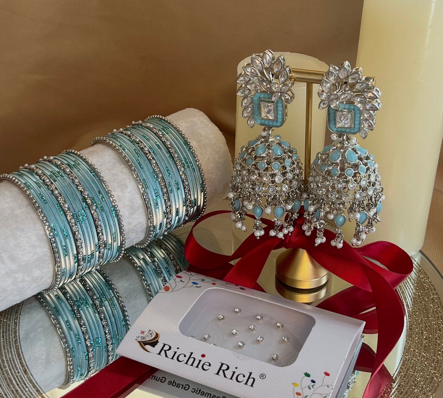 Gift Set For Her - Silver/Blue Jhumka Earrings, Silver/Blue Small Bangles Set/Silver Bindi Pack/Indian Jewellery Gift Set