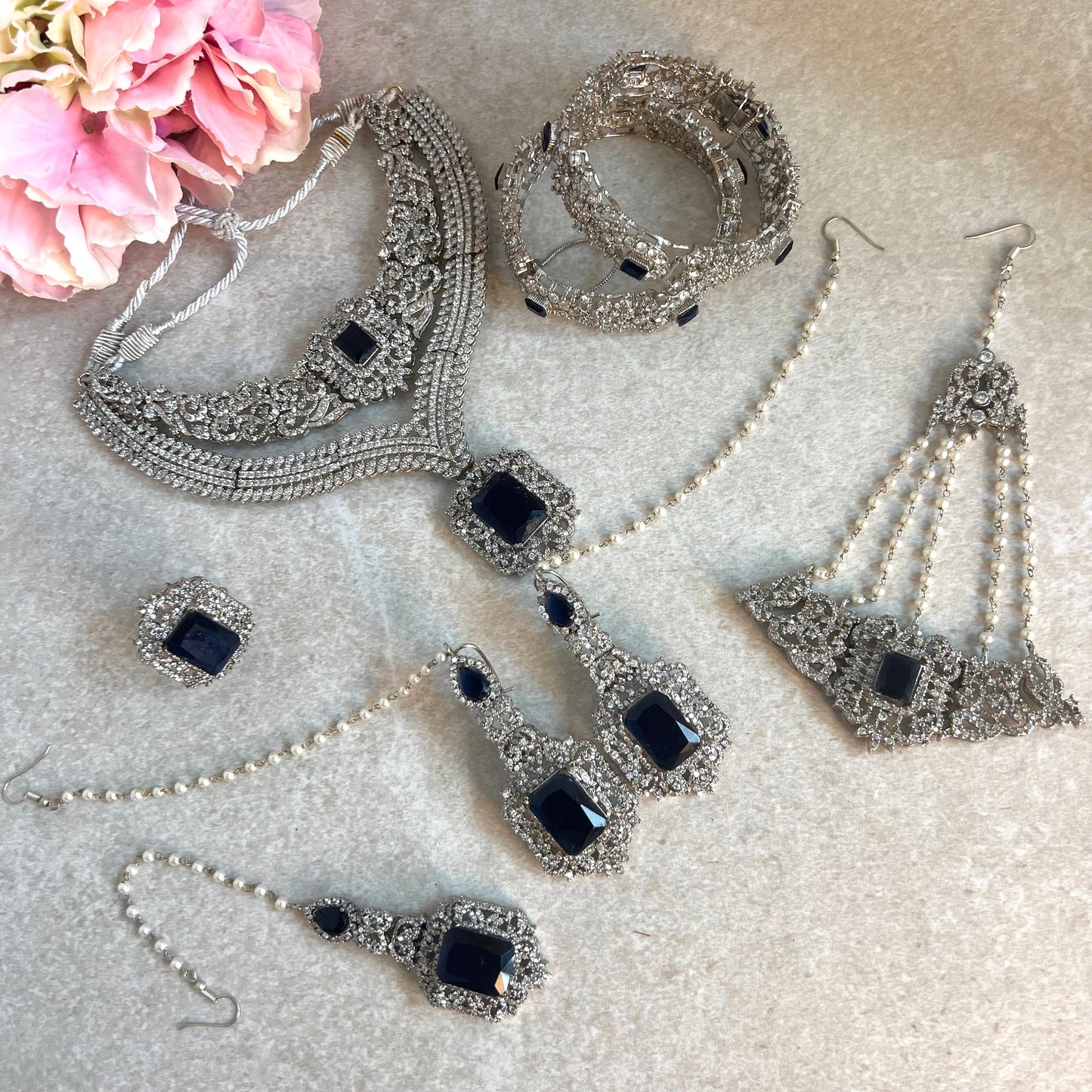 Navy Silver Bridal Set Indian Pakistani Style Choker Necklace Earring Tikka Jhumar Ring Bangles Victorian Elegant Style Civil Bride Elegant