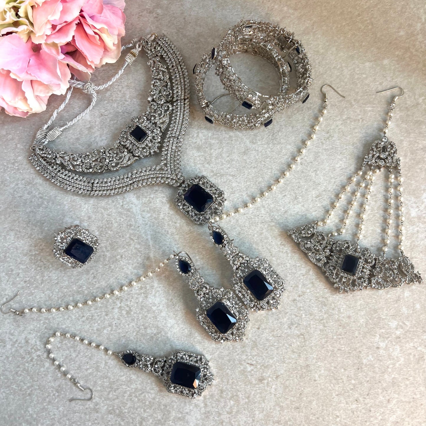 Navy Silver Bridal Set Indian Pakistani Style Choker Necklace Earring Tikka Jhumar Ring Bangles Victorian Elegant Style Civil Bride Elegant