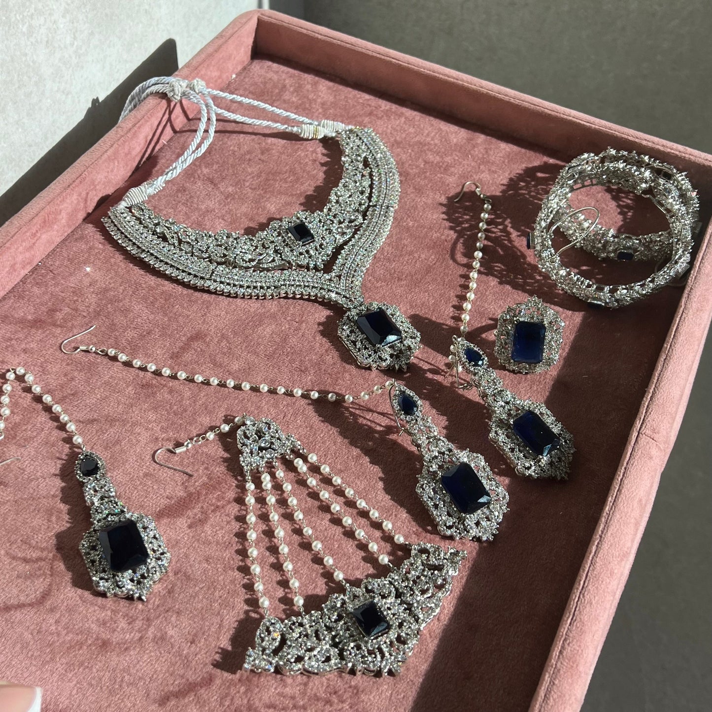 Navy Silver Bridal Set Indian Pakistani Style Choker Necklace Earring Tikka Jhumar Ring Bangles Victorian Elegant Style Civil Bride Elegant