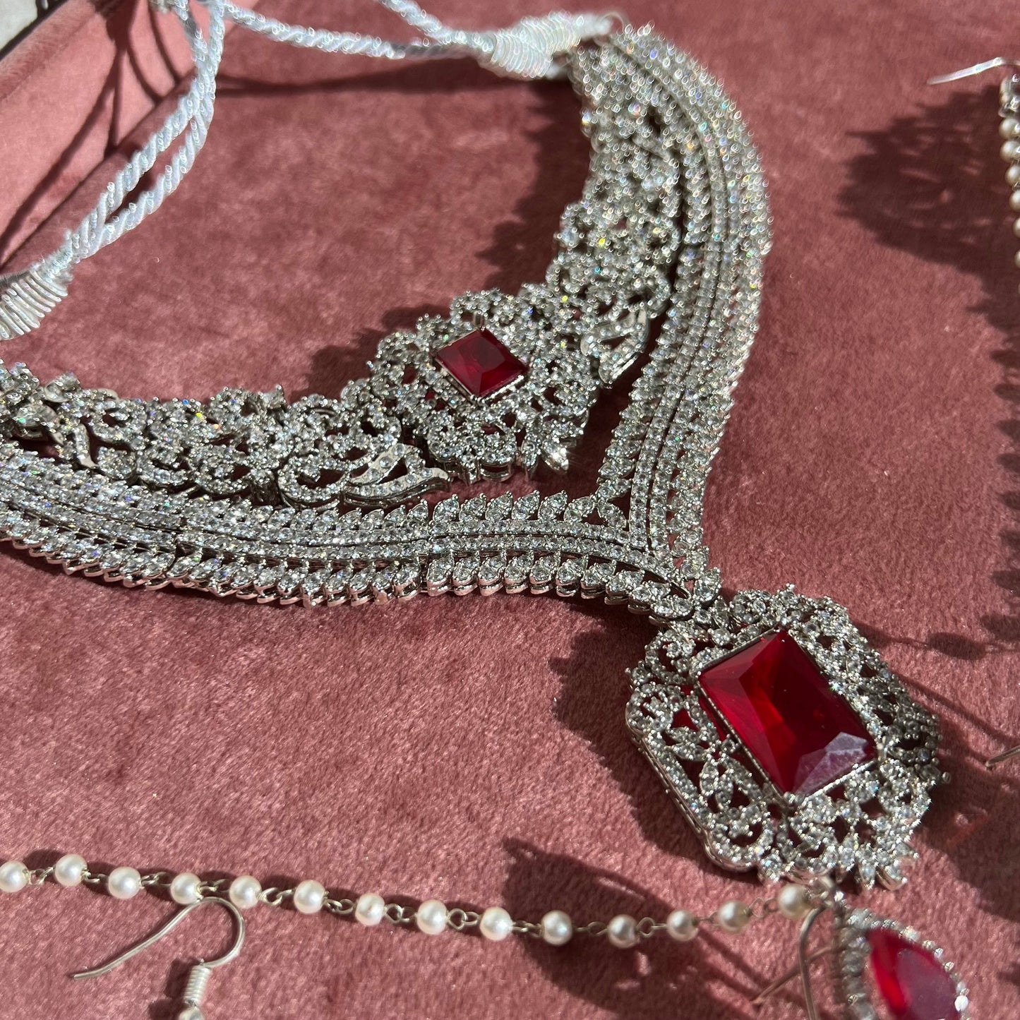 Ruby Silver Bridal Set Indian Pakistani Style Choker Necklace Earring Tikka Jhumar Ring Bangles Victorian Elegant Style Civil Bride Elegant