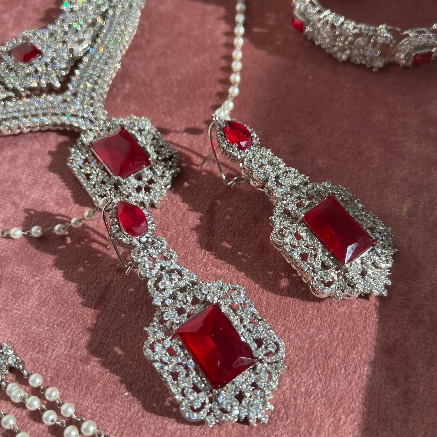 Ruby Silver Bridal Set Indian Pakistani Style Choker Necklace Earring Tikka Jhumar Ring Bangles Victorian Elegant Style Civil Bride Elegant