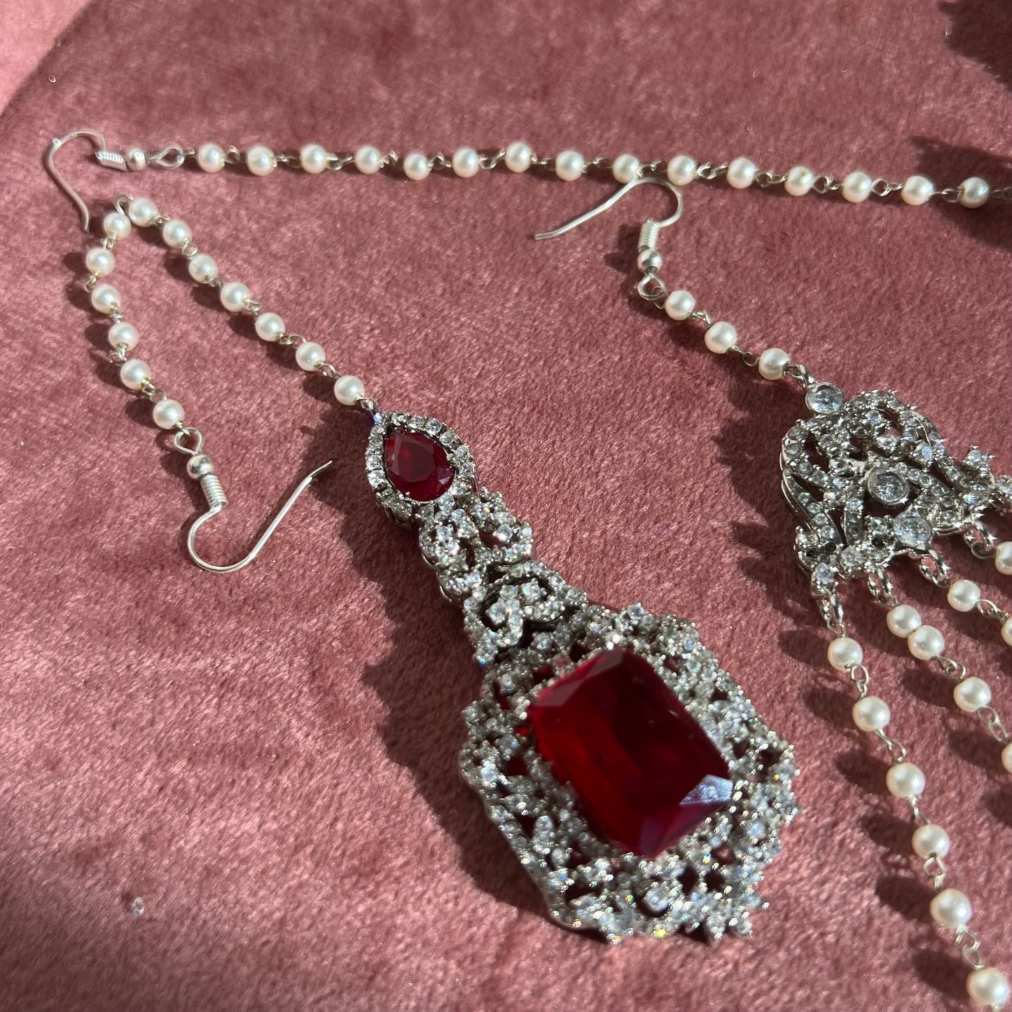 Ruby Silver Bridal Set Indian Pakistani Style Choker Necklace Earring Tikka Jhumar Ring Bangles Victorian Elegant Style Civil Bride Elegant