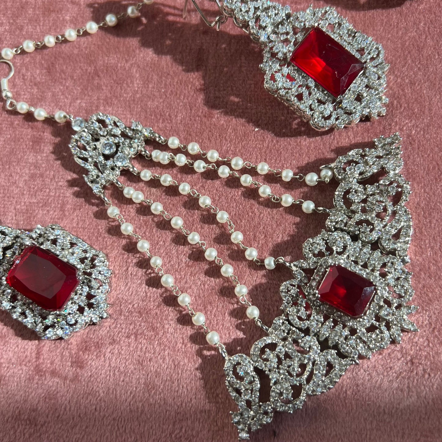 Ruby Silver Bridal Set Indian Pakistani Style Choker Necklace Earring Tikka Jhumar Ring Bangles Victorian Elegant Style Civil Bride Elegant