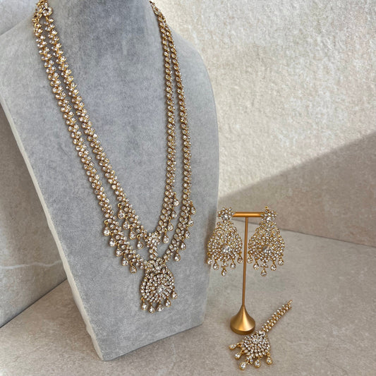 Long Clear Rhinestone Necklace Set with Earring Tikka /Long Mala/ Haar/ Unique Style/ Indian/ Pakistani/Fashion Jewellery/ Gift for Women