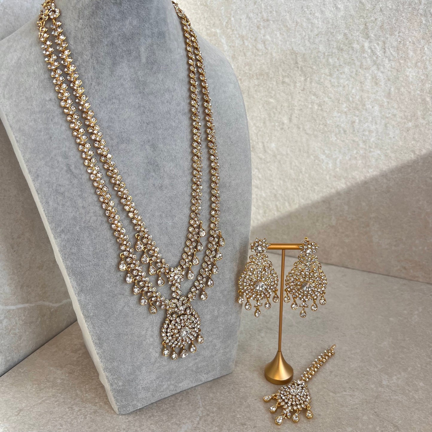 Long Clear Rhinestone Necklace Set with Earring Tikka /Long Mala/ Haar/ Unique Style/ Indian/ Pakistani/Fashion Jewellery/ Gift for Women