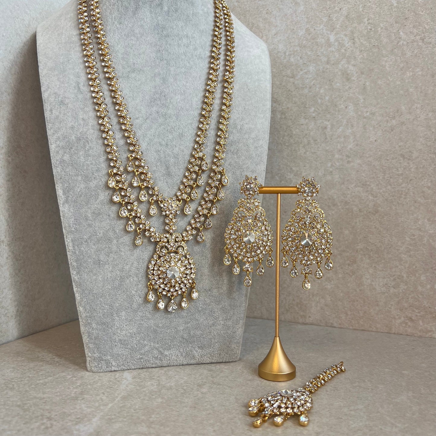 Long Clear Rhinestone Necklace Set with Earring Tikka /Long Mala/ Haar/ Unique Style/ Indian/ Pakistani/Fashion Jewellery/ Gift for Women