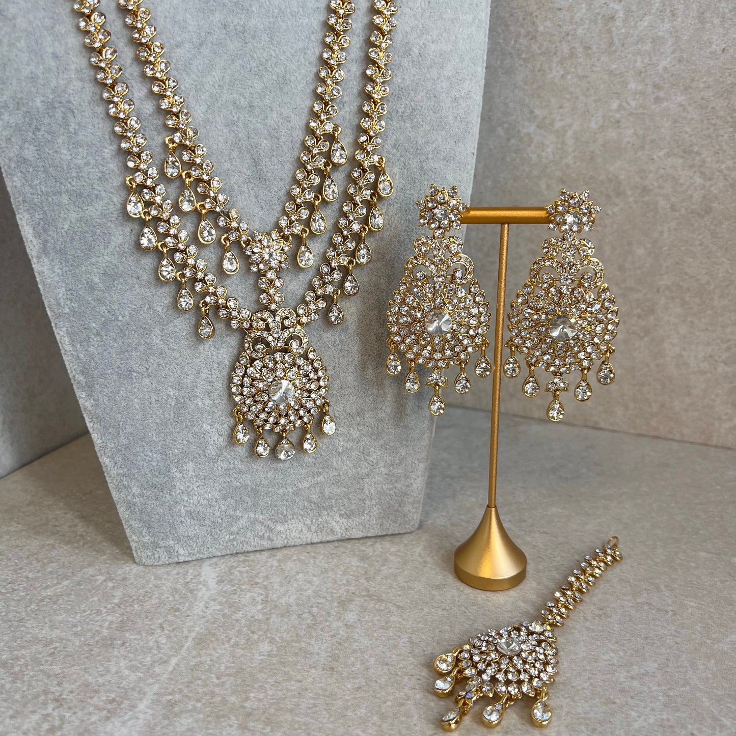 Long Clear Rhinestone Necklace Set with Earring Tikka /Long Mala/ Haar/ Unique Style/ Indian/ Pakistani/Fashion Jewellery/ Gift for Women