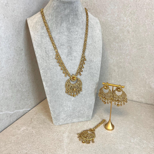 Long Golden Rhinestone Necklace Set with Earring Tikka /Long Mala/ Haar/ Unique Style/ Indian/ Pakistani/Fashion Jewellery/ Gift for Women