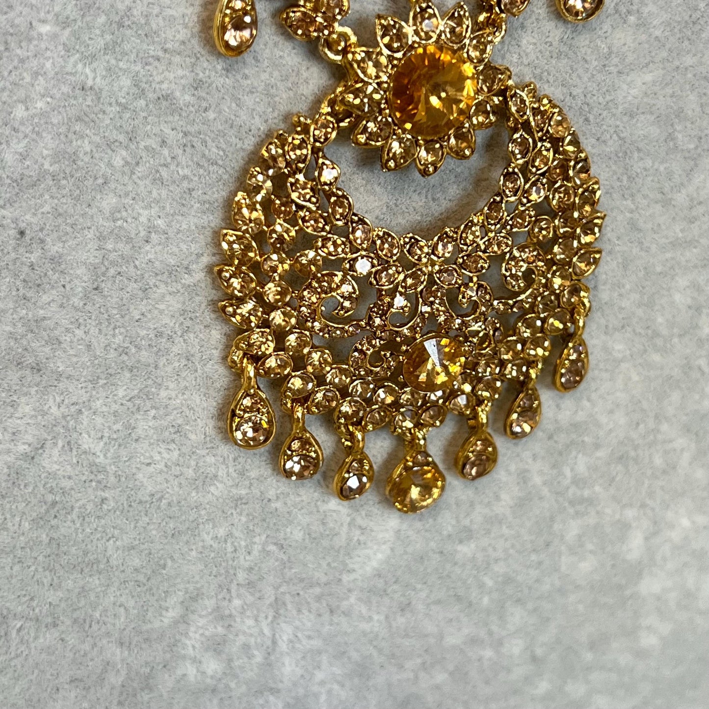 Long Golden Rhinestone Necklace Set with Earring Tikka /Long Mala/ Haar/ Unique Style/ Indian/ Pakistani/Fashion Jewellery/ Gift for Women