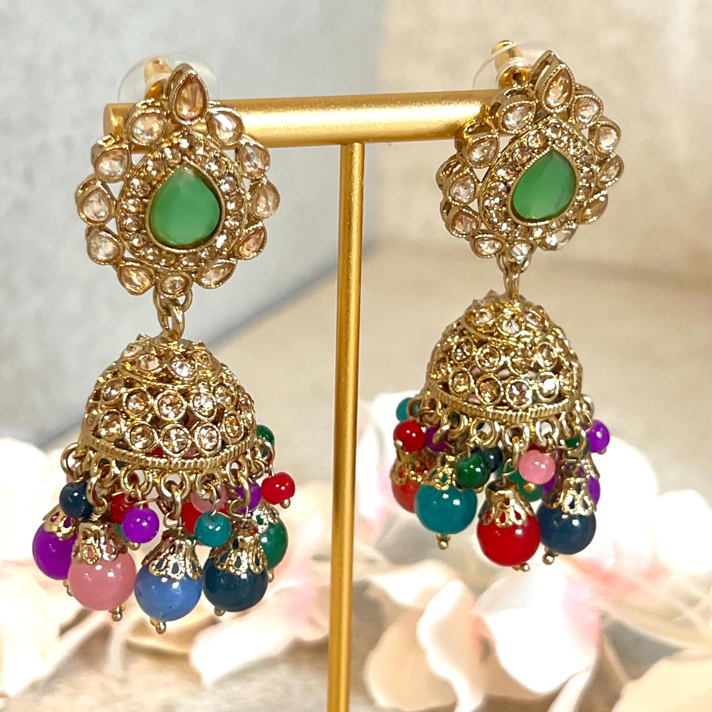 Mint Green- Multicolour Jhumka Earrings and Tikka Set/ Henna party/Pakistani/ Indian Style Earring/ Antique Gold with Champagne Crystals