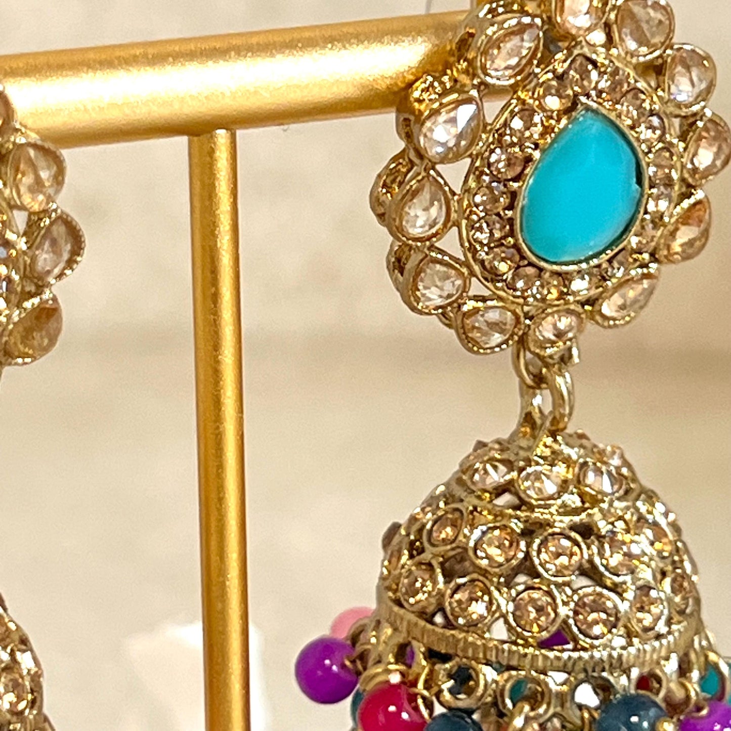 Blue- Multicolour Jhumka Earrings and Tikka Set/ Henna party/Pakistani/ Indian Style Earring/ Antique Gold with Champagne Crystals
