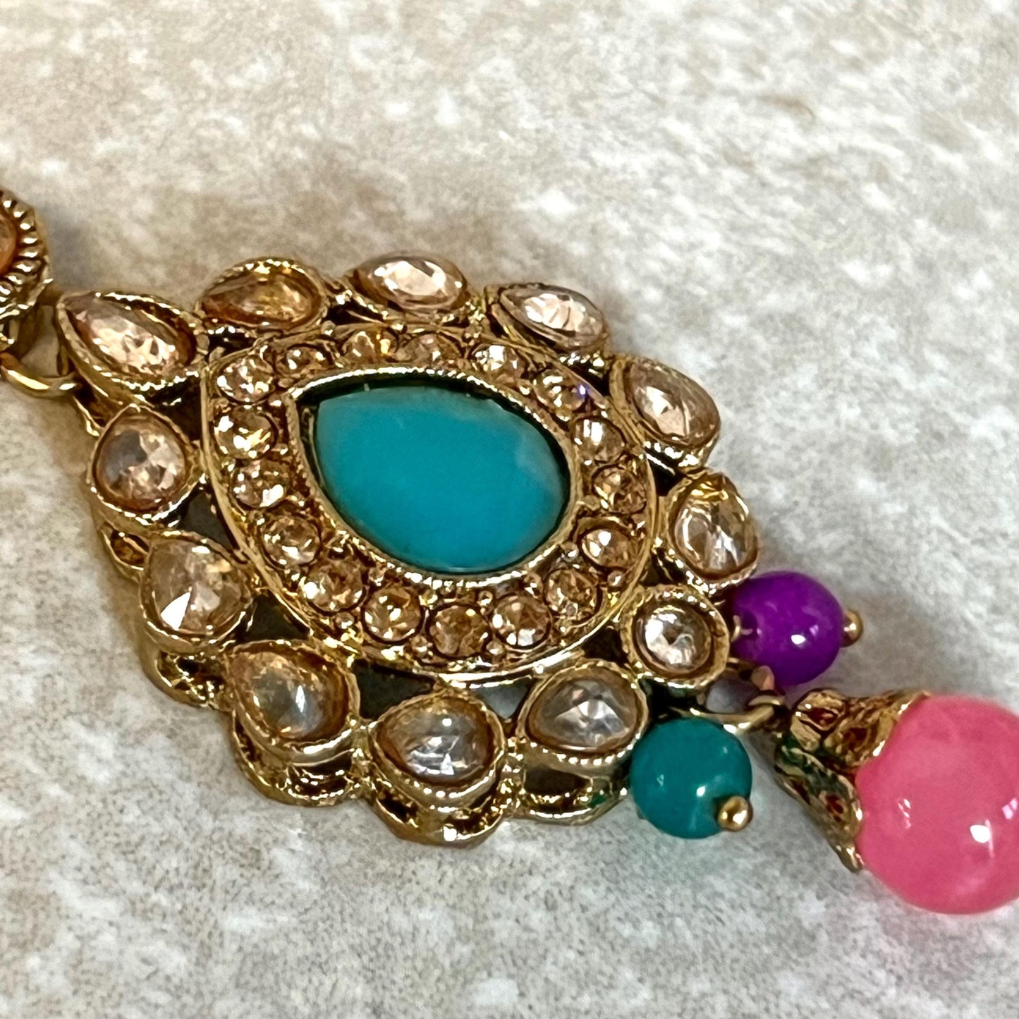 Blue- Multicolour Jhumka Earrings and Tikka Set/ Henna party/Pakistani/ Indian Style Earring/ Antique Gold with Champagne Crystals