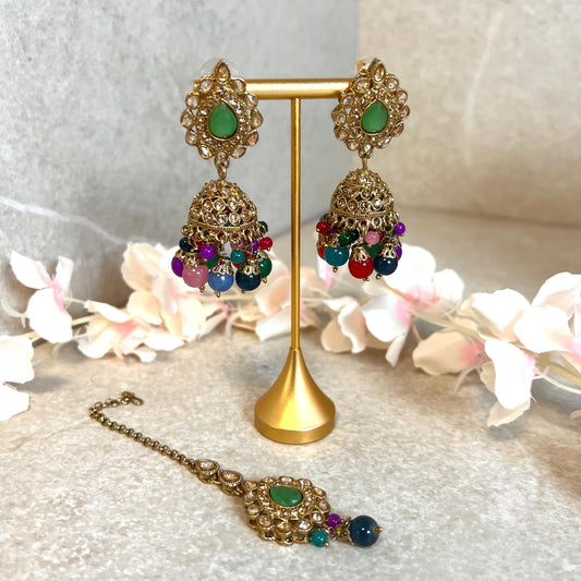 Mint Green- Multicolour Jhumka Earrings and Tikka Set/ Henna party/Pakistani/ Indian Style Earring/ Antique Gold with Champagne Crystals