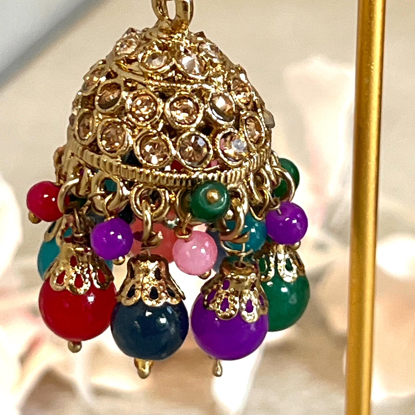 Navy - Multicolour Jhumka Earrings and Tikka Set/ Henna party/Pakistani/ Indian Style Earring/ Antique Gold with Champagne Crystals