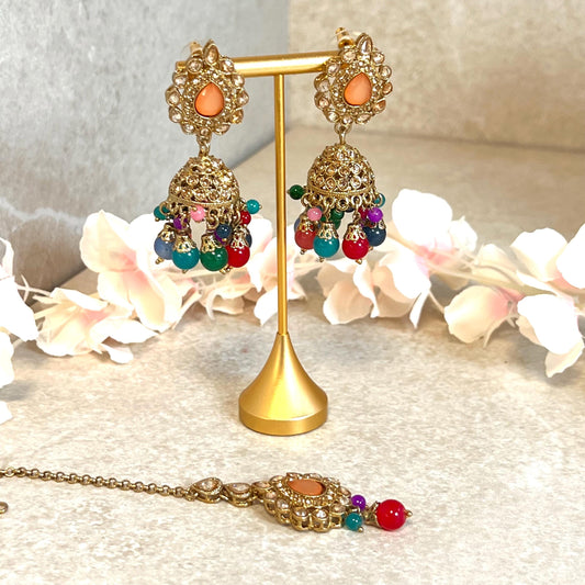 Peach - Multicolour Jhumka Earrings and Tikka Set/ Henna party/Pakistani/ Indian Style Earring/ Antique Gold with Champagne Crystals