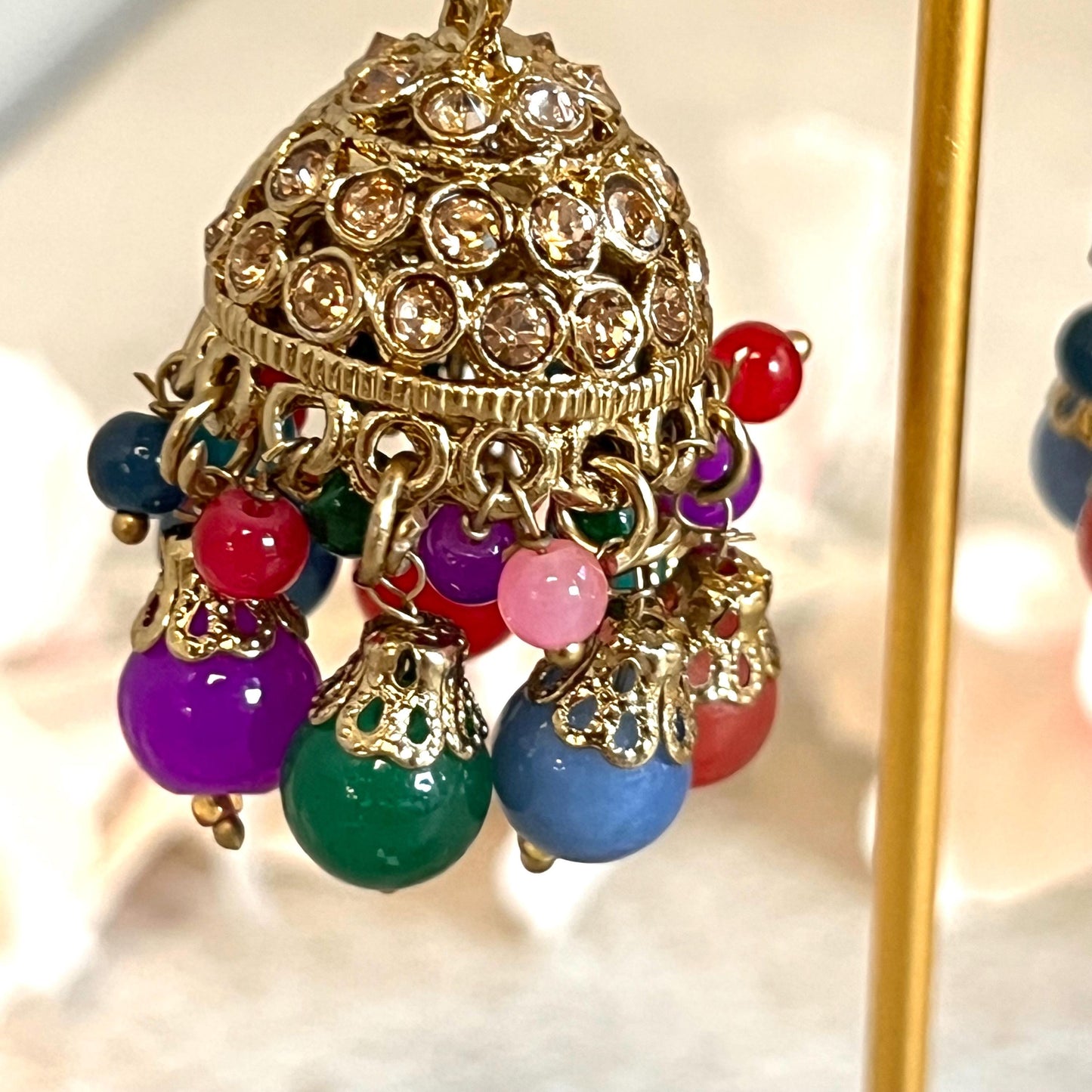 Orange- Multicolour Jhumka Earrings and Tikka Set/ Henna party/Pakistani/ Indian Style Earring/ Antique Gold with Champagne Crystals