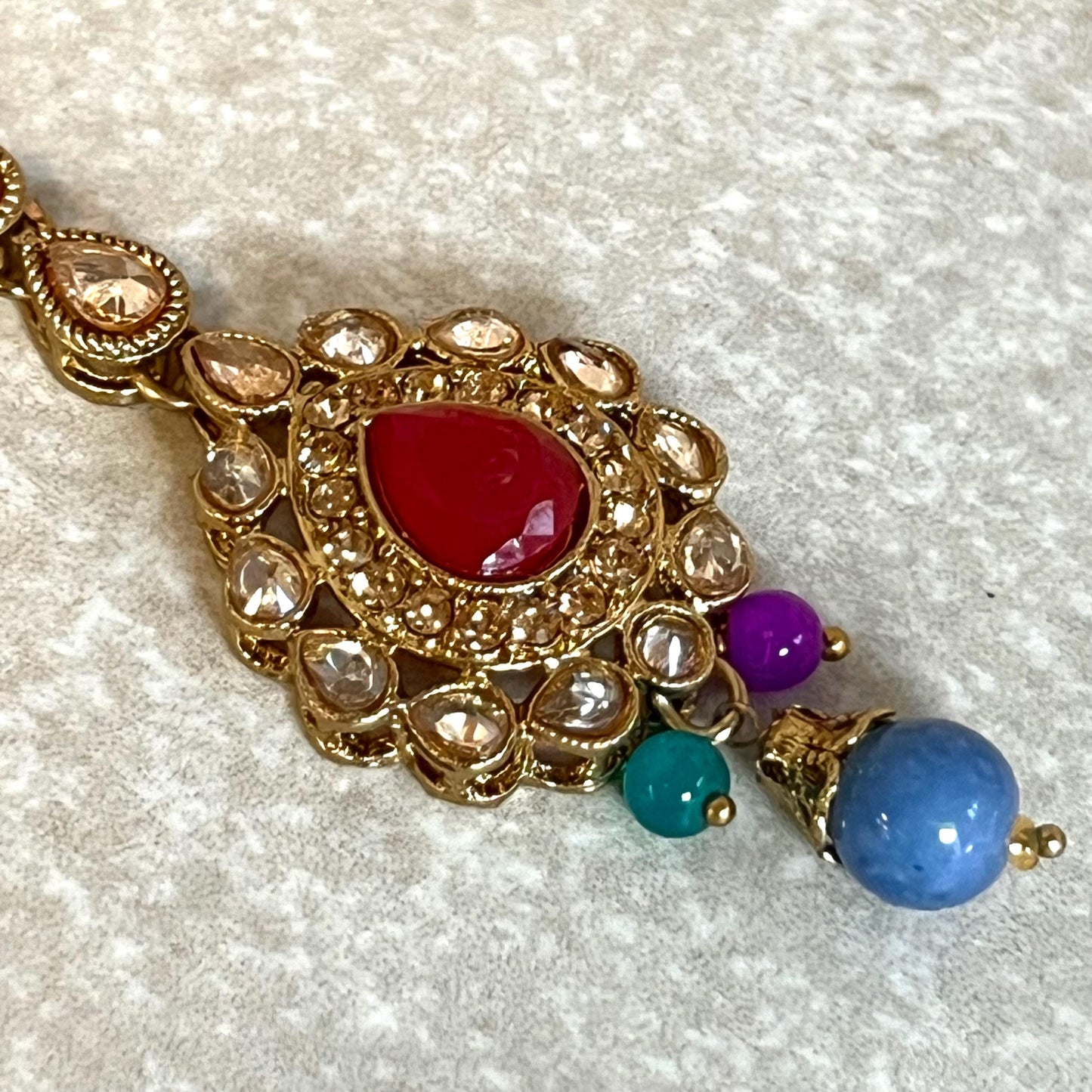 Red - Multicolour Jhumka Earrings and Tikka Set/ Henna party/Pakistani/ Indian Style Earring/ Antique Gold with Champagne Crystals