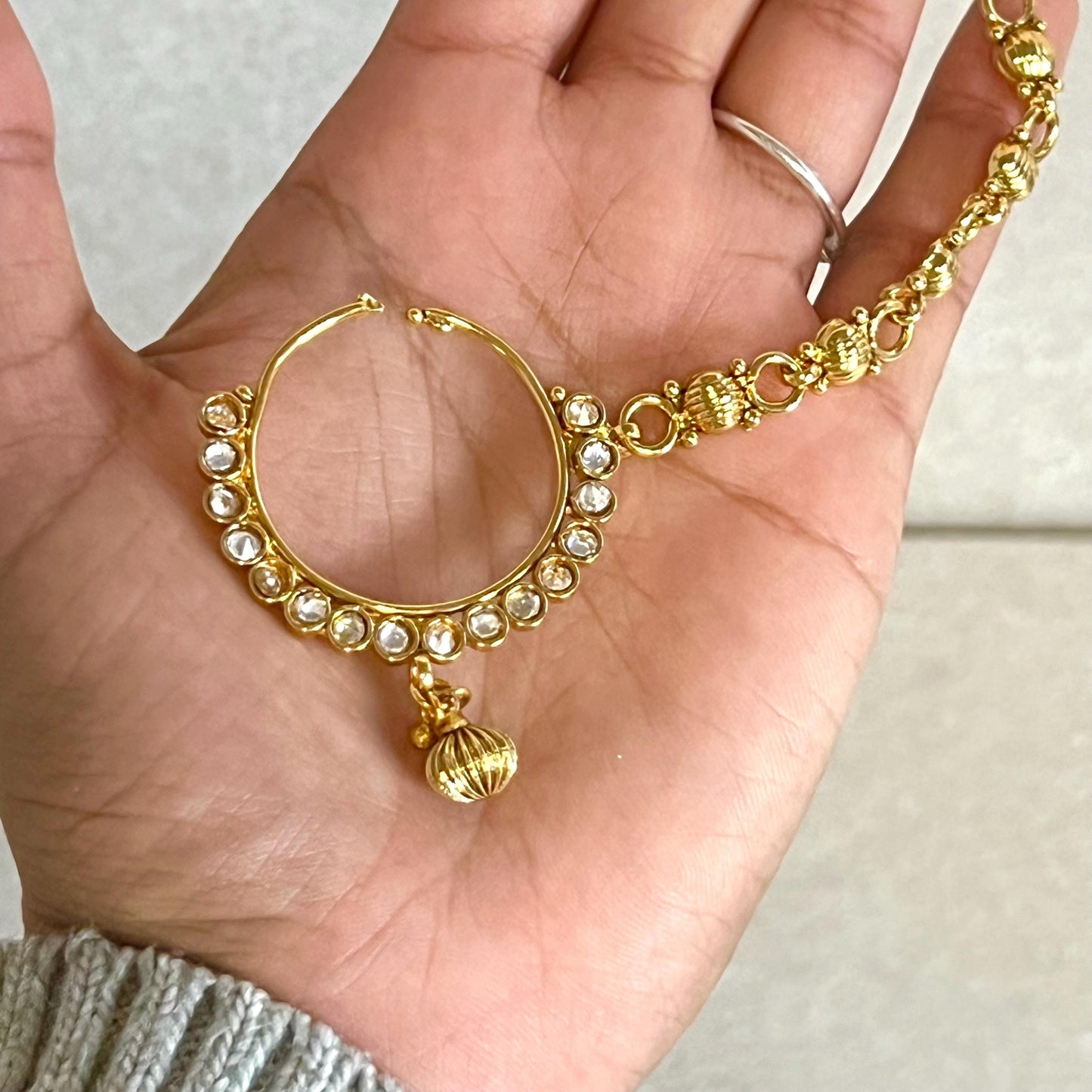 Bright Gold Non-Piercing Nose Ring - with chain/ Fashion Jewellery/ Gift/ Indian/Pakistani style/Nath /Indian Nose Jewellery/ 1 Inch Small