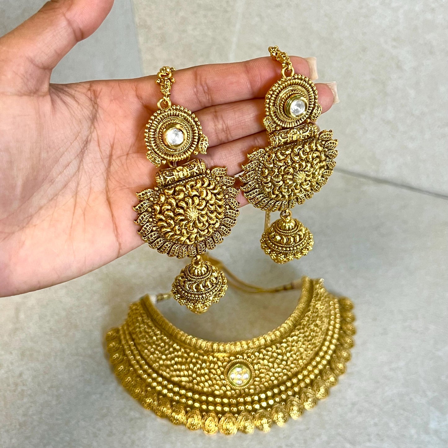 Antique Gold Temple Gold Chunky Choker Set with Earring/ Indian/ Pakistani/Fashion Jewellery/ Gift for Women