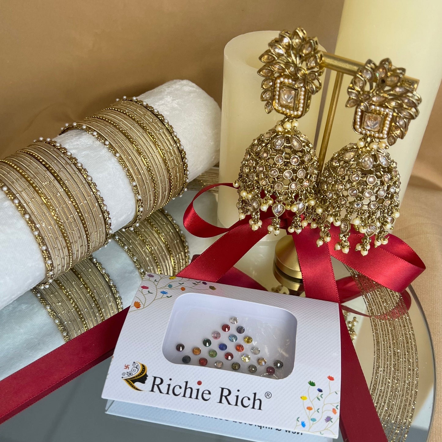 Gift Set For Her - Golden/Champagne Stone Jhumka Earrings, Small Bangles Set & Pack of Multicolour Bindi Pack/Valentines gifts