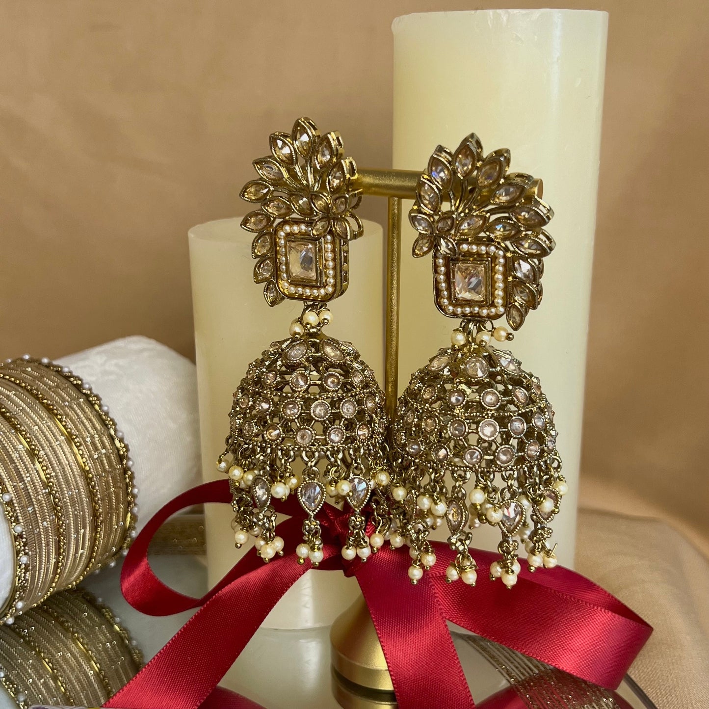 Gift Set For Her - Golden/Champagne Stone Jhumka Earrings, Small Bangles Set & Pack of Multicolour Bindi Pack/Valentines gifts