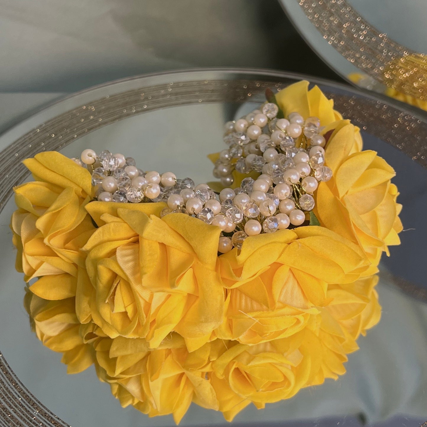 Ladies Floral Bun Gajra Artificial Flower Accessory - Yellow/ Unique Style/Crystals/ Indian/ Pakistani/Fashion Jewellery/ Gift for Women