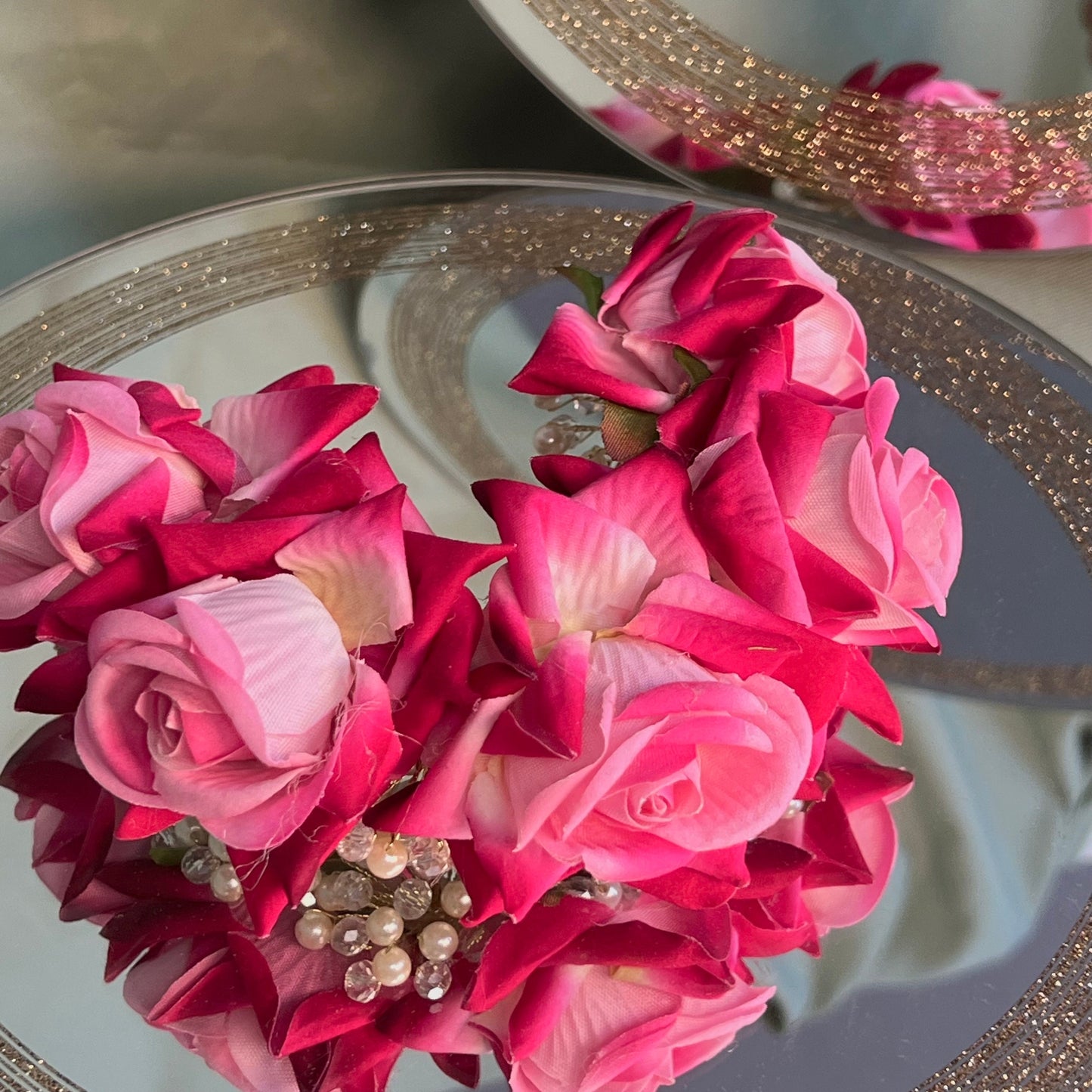 Ladies Floral Bun Gajra Artificial Flower Accessory - Crystal/Dark Pink/Unique Style/ Indian/Fashion Jewellery/Gift for Women