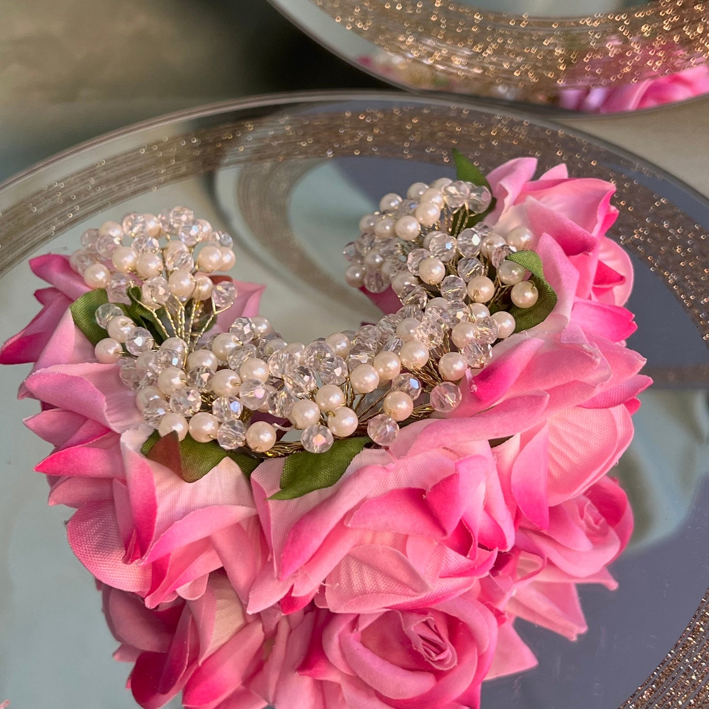 Ladies Floral Bun Gajra Artificial Flower Accessory - Crystal/Pink/ Unique Style/ Indian/ Pakistani/Fashion Jewellery/ Gift for Women