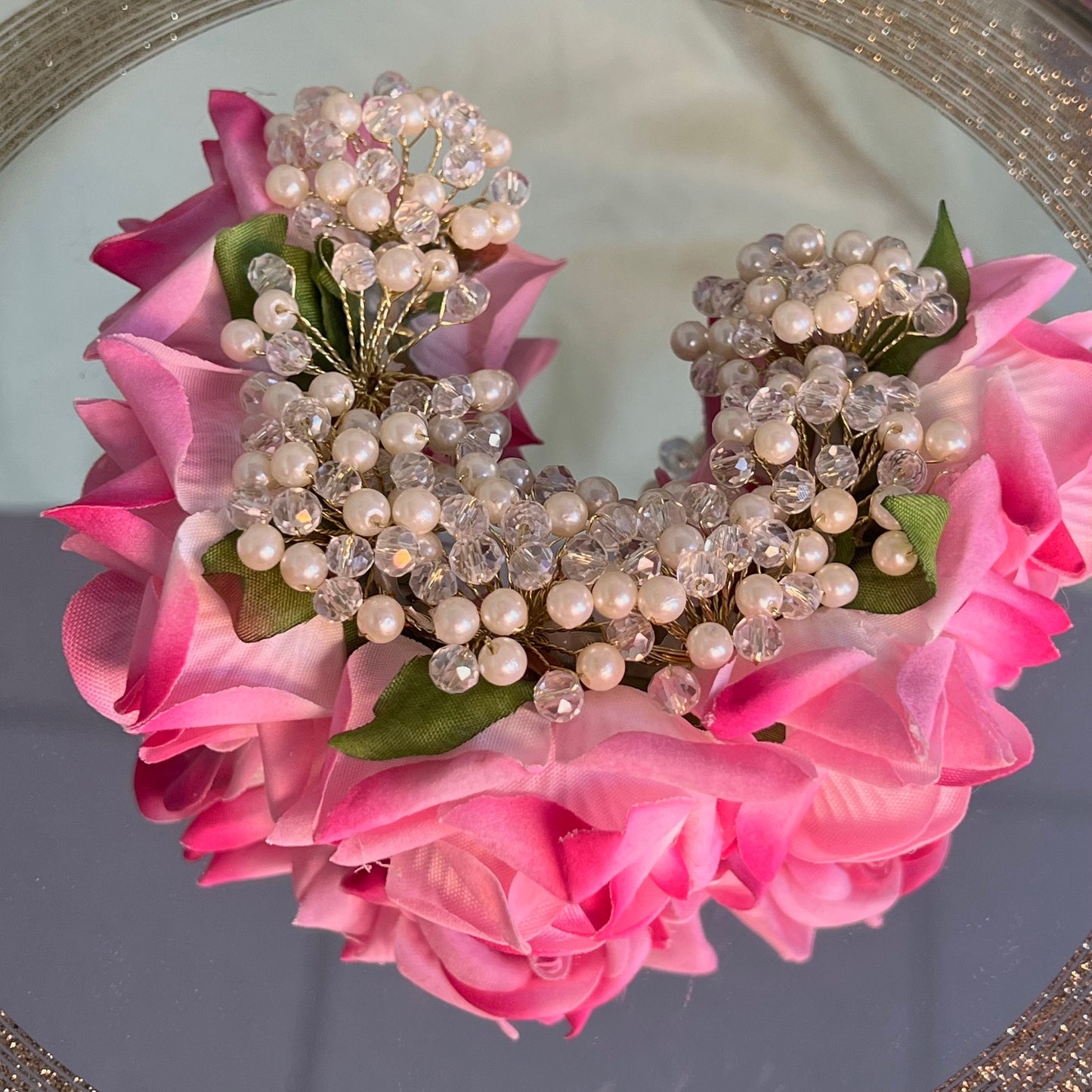 Ladies Floral Bun Gajra Artificial Flower Accessory - Crystal/Pink/ Unique Style/ Indian/ Pakistani/Fashion Jewellery/ Gift for Women