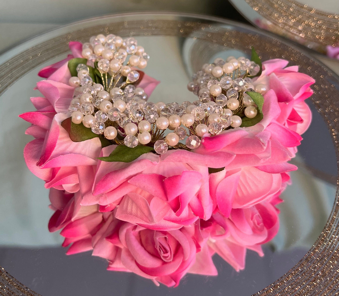 Ladies Floral Bun Gajra Artificial Flower Accessory - Crystal/Pink/ Unique Style/ Indian/ Pakistani/Fashion Jewellery/ Gift for Women