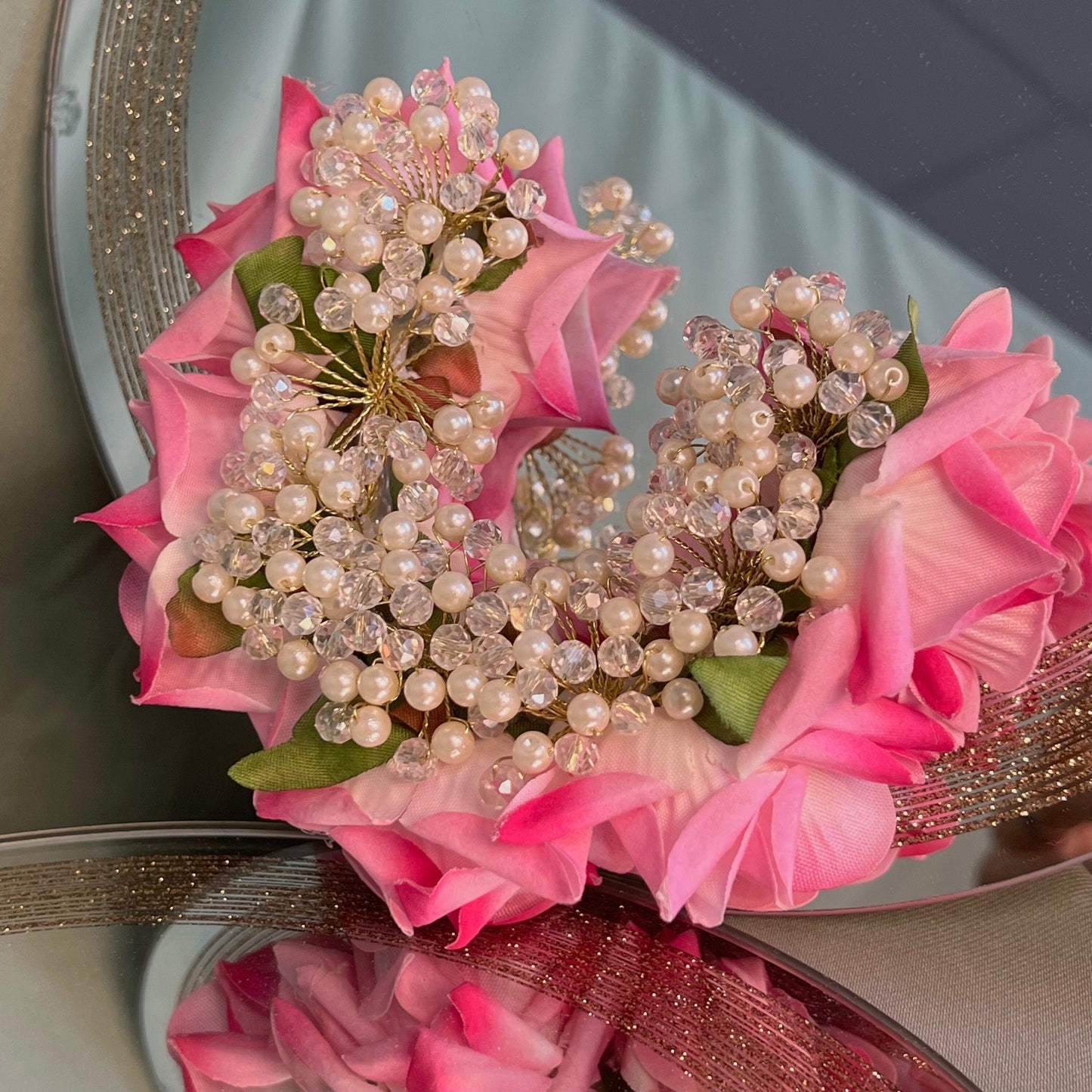 Ladies Floral Bun Gajra Artificial Flower Accessory - Crystal/Pink/ Unique Style/ Indian/ Pakistani/Fashion Jewellery/ Gift for Women