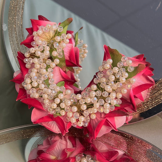 Ladies Floral Bun Gajra Artificial Flower Accessory - Crystal/Dark Pink/Unique Style/ Indian/Fashion Jewellery/Gift for Women