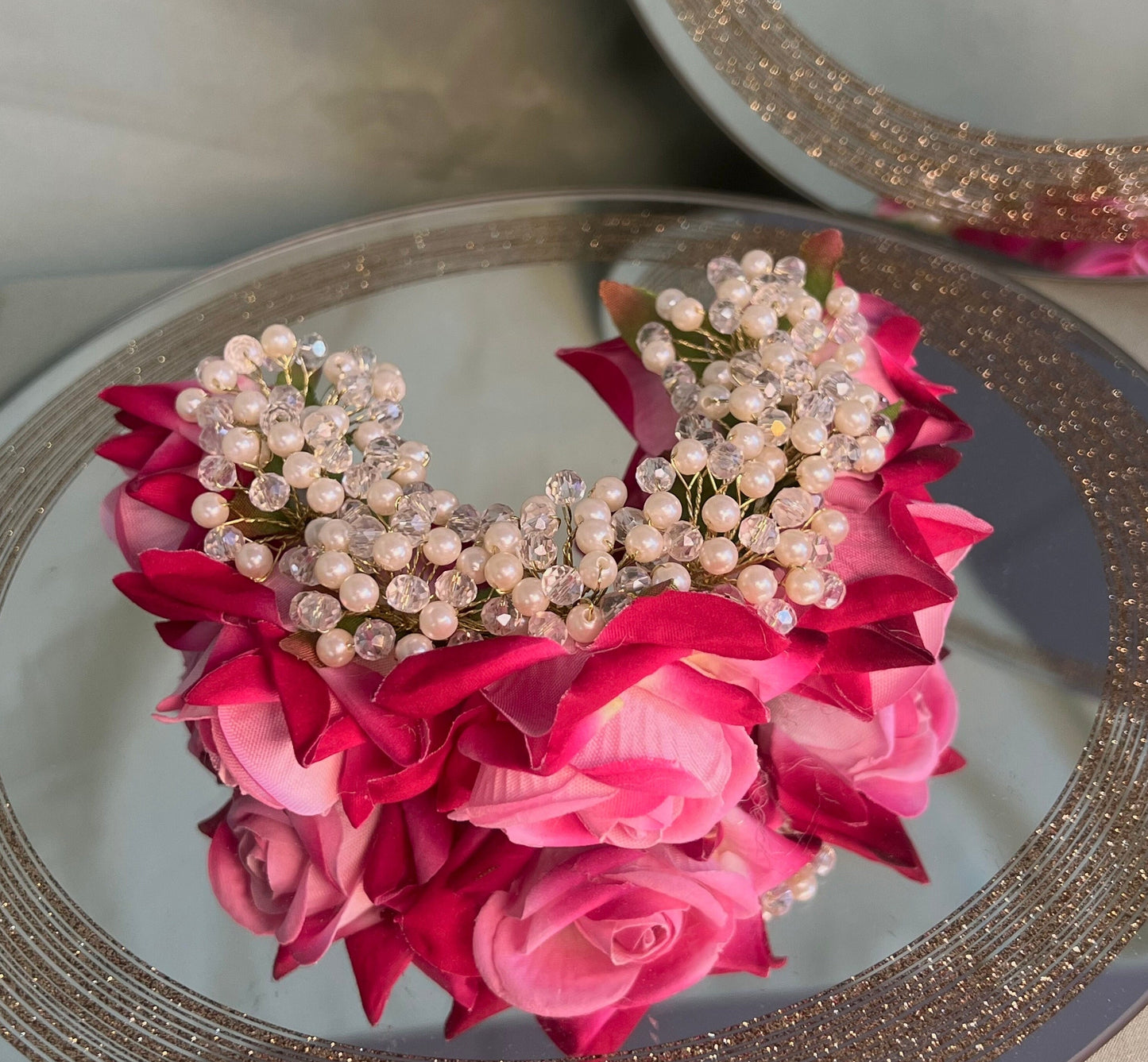 Ladies Floral Bun Gajra Artificial Flower Accessory - Crystal/Dark Pink/Unique Style/ Indian/Fashion Jewellery/Gift for Women