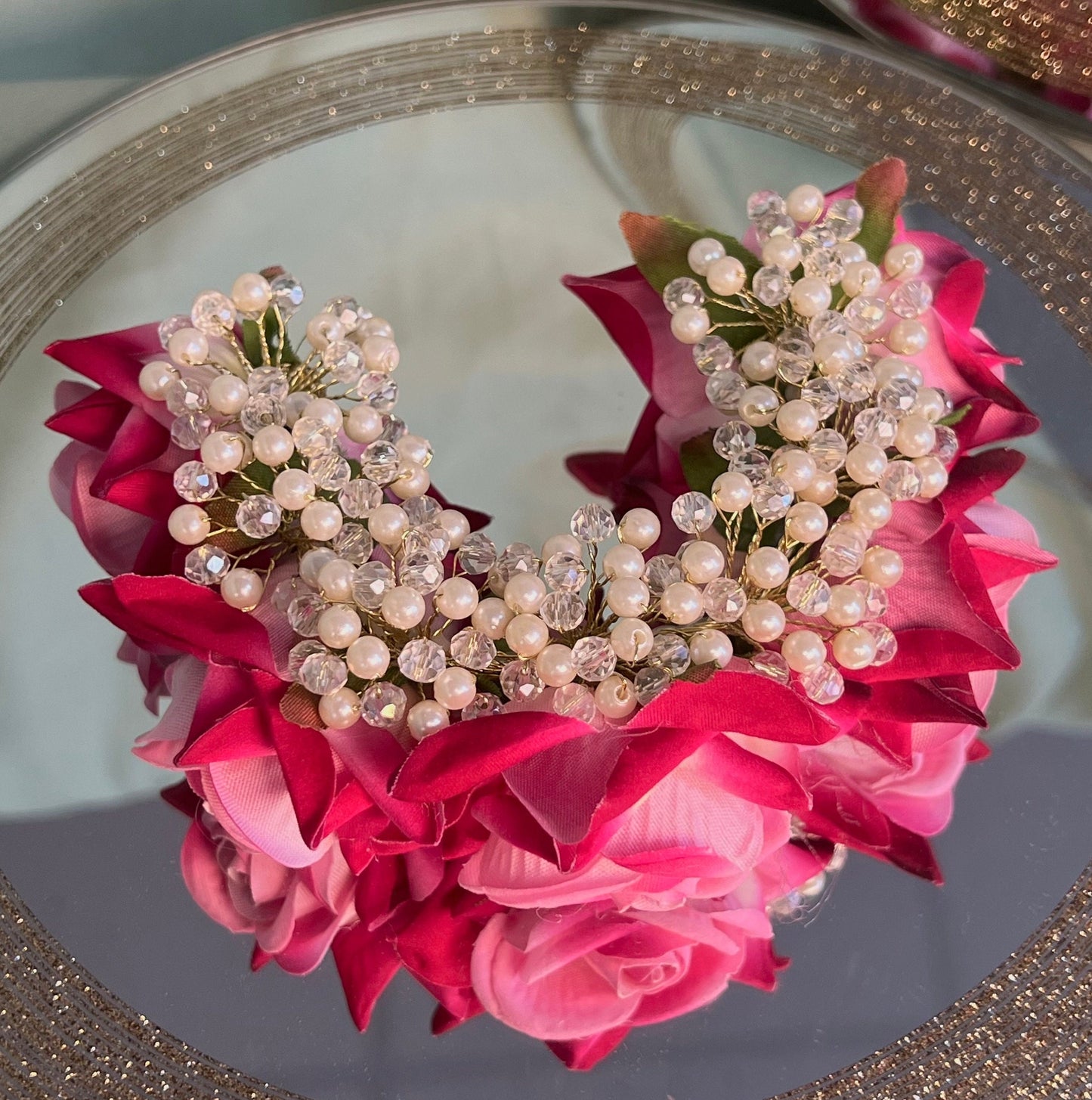 Ladies Floral Bun Gajra Artificial Flower Accessory - Crystal/Dark Pink/Unique Style/ Indian/Fashion Jewellery/Gift for Women