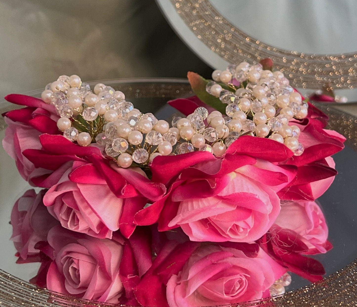 Ladies Floral Bun Gajra Artificial Flower Accessory - Crystal/Dark Pink/Unique Style/ Indian/Fashion Jewellery/Gift for Women