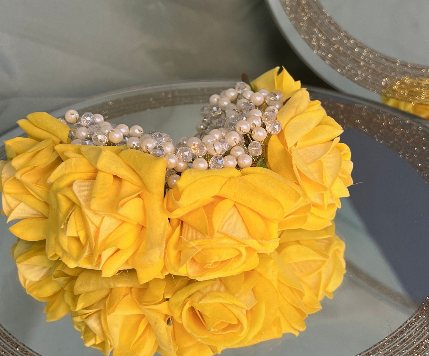 Ladies Floral Bun Gajra Artificial Flower Accessory - Yellow/ Unique Style/Crystals/ Indian/ Pakistani/Fashion Jewellery/ Gift for Women