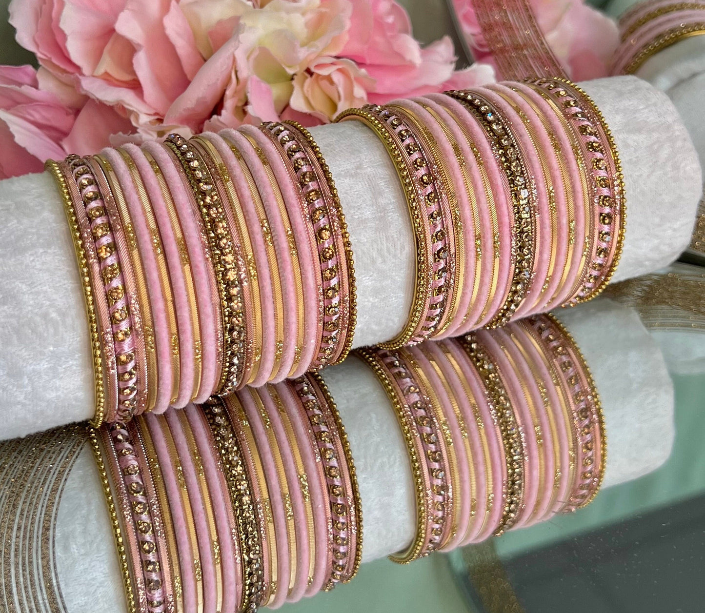 Bangle Roll Build Your Bangle Set - Pink & Gold Velvet Bangle Collection/Pink Bangle Set/Indian Bangles/ Pakistani/Jewellery