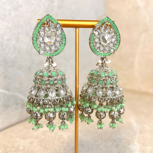 Mint and Silver Large Tear Drop Jhumka Earrings - Indian Style Earring/Pakistani fashion/ Mendhi/Party/Haldi/ Diwali Gift/ Eid Gift