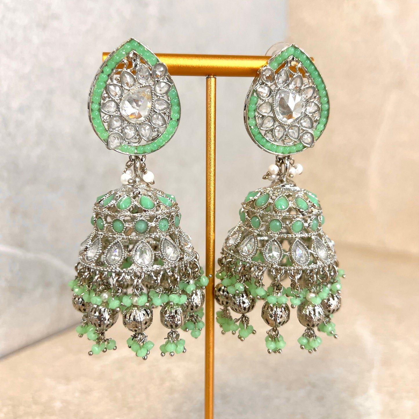 Mint and Silver Large Tear Drop Jhumka Earrings - Indian Style Earring/Pakistani fashion/ Mendhi/Party/Haldi/ Diwali Gift/ Eid Gift