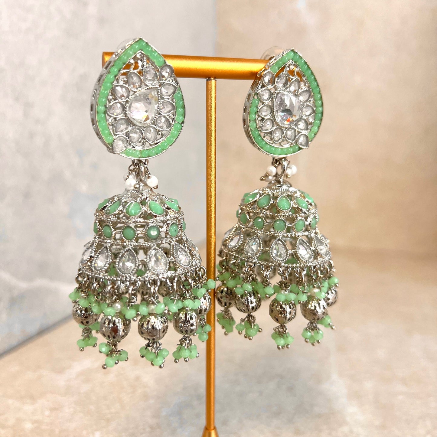 Mint and Silver Large Tear Drop Jhumka Earrings - Indian Style Earring/Pakistani fashion/ Mendhi/Party/Haldi/ Diwali Gift/ Eid Gift