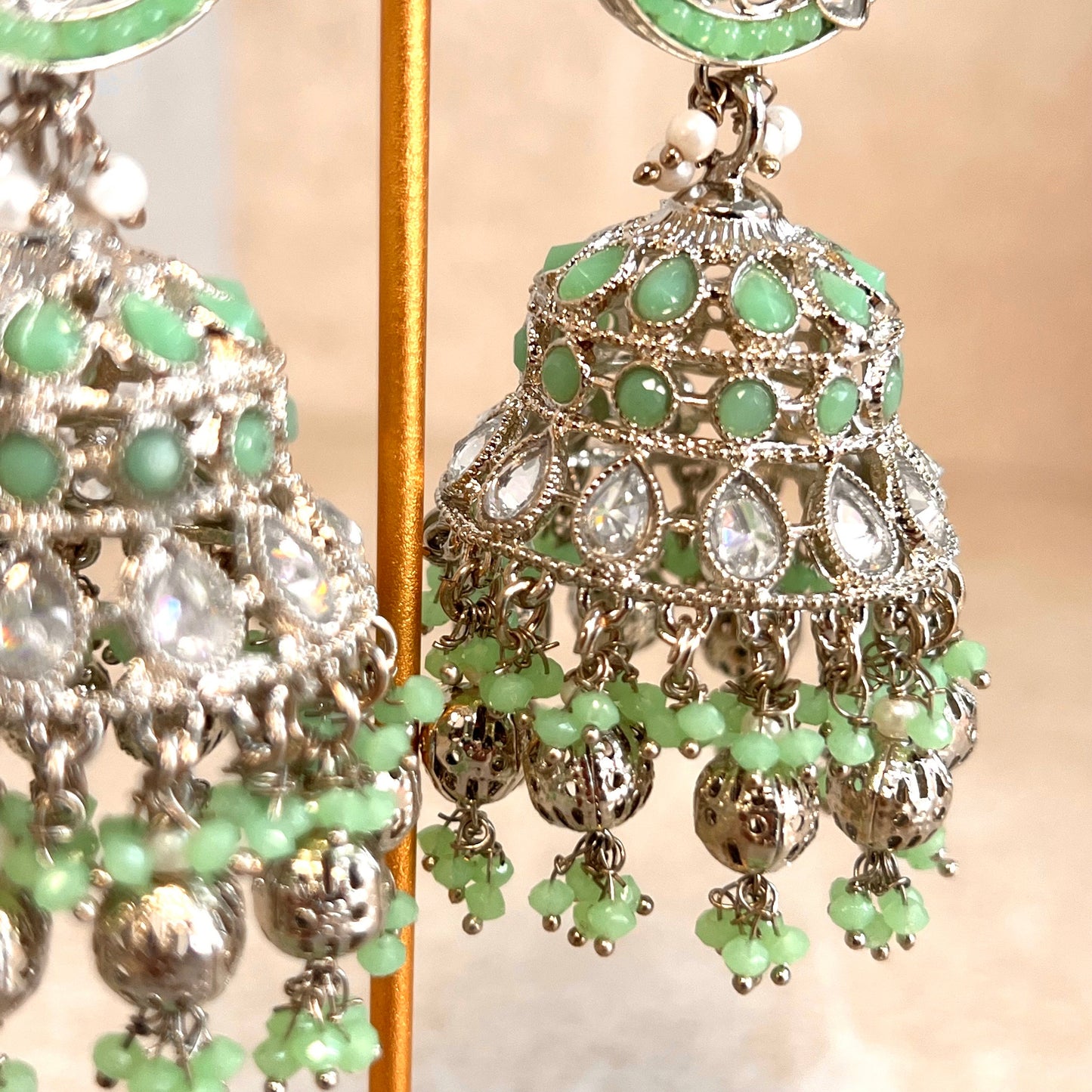 Mint and Silver Large Tear Drop Jhumka Earrings - Indian Style Earring/Pakistani fashion/ Mendhi/Party/Haldi/ Diwali Gift/ Eid Gift