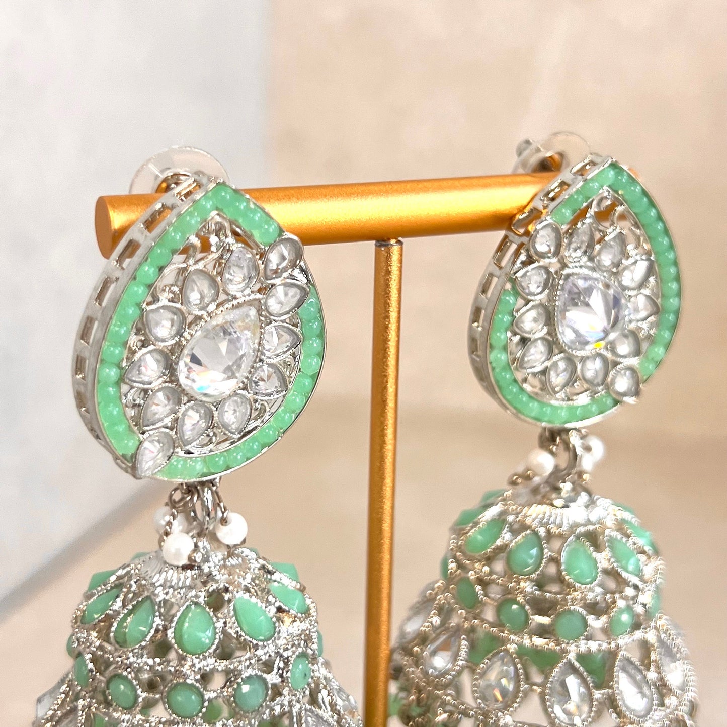 Mint and Silver Large Tear Drop Jhumka Earrings - Indian Style Earring/Pakistani fashion/ Mendhi/Party/Haldi/ Diwali Gift/ Eid Gift
