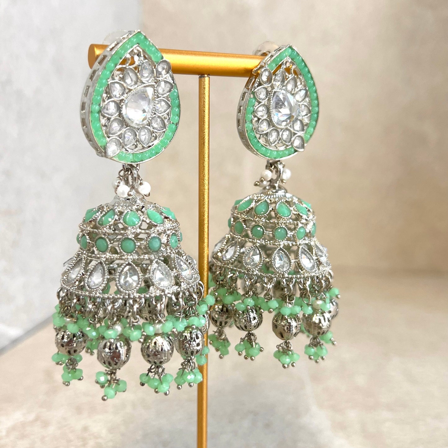 Mint and Silver Large Tear Drop Jhumka Earrings - Indian Style Earring/Pakistani fashion/ Mendhi/Party/Haldi/ Diwali Gift/ Eid Gift