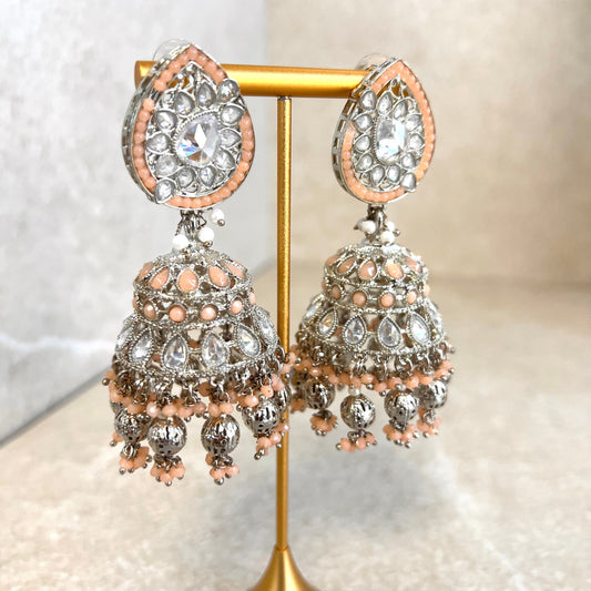 Peach and Silver Large Tear Drop Jhumka Earrings - Indian Style Earring/Pakistani fashion/ Mendhi/Party/Haldi/ Diwali Gift/ Eid Gift