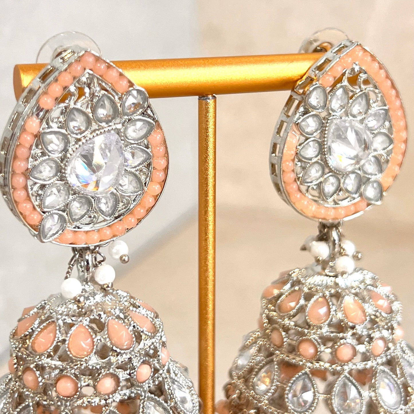 Peach and Silver Large Tear Drop Jhumka Earrings - Indian Style Earring/Pakistani fashion/ Mendhi/Party/Haldi/ Diwali Gift/ Eid Gift