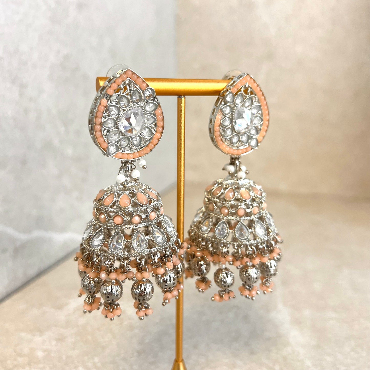 Peach and Silver Large Tear Drop Jhumka Earrings - Indian Style Earring/Pakistani fashion/ Mendhi/Party/Haldi/ Diwali Gift/ Eid Gift