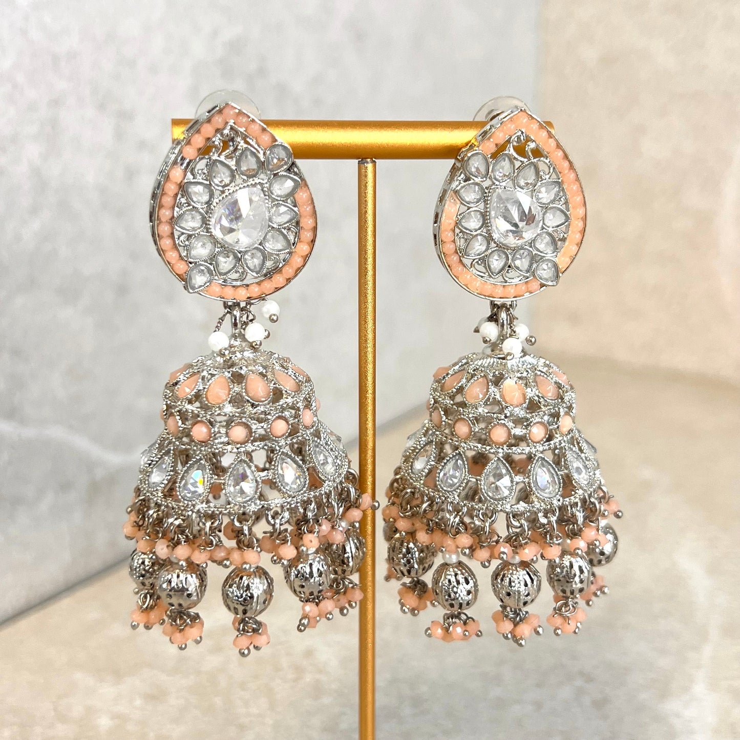 Peach and Silver Large Tear Drop Jhumka Earrings - Indian Style Earring/Pakistani fashion/ Mendhi/Party/Haldi/ Diwali Gift/ Eid Gift