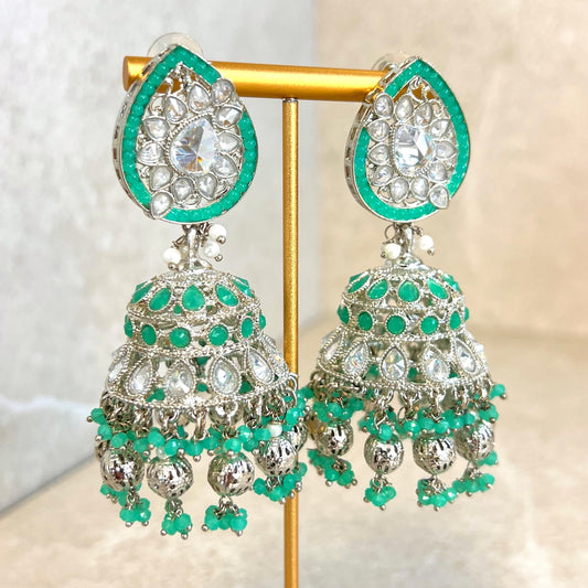 Teal and Silver Large Tear Drop Jhumka Earrings - Indian Style Earring/Pakistani fashion/ Mendhi/Party/Haldi/ Diwali Gift/ Eid Gift